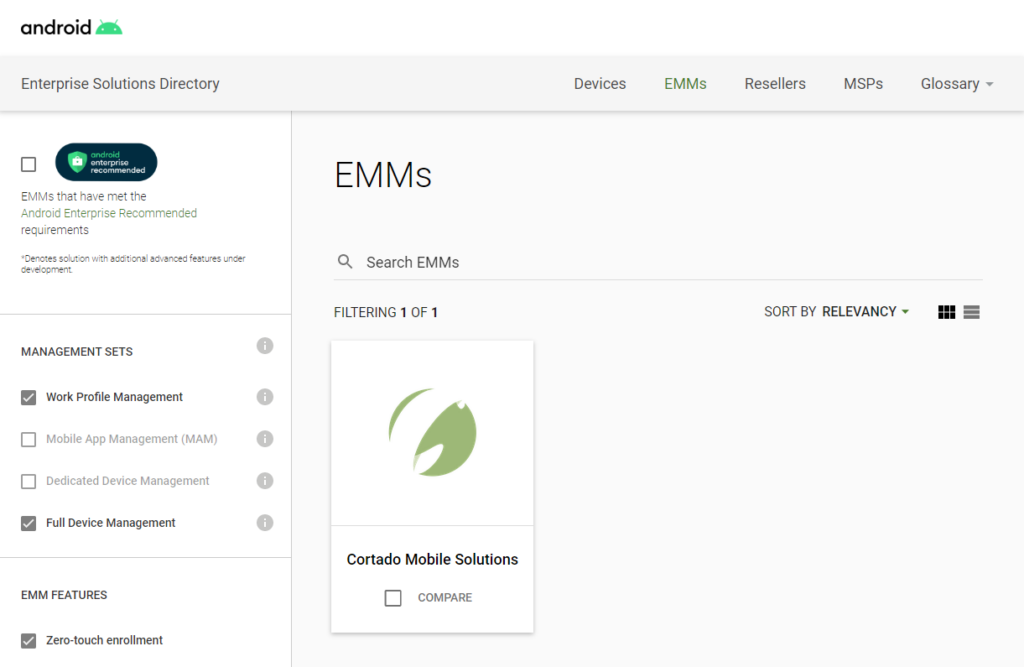 Cortado Mobile Solutions im Android Enterprise Solutions Directory