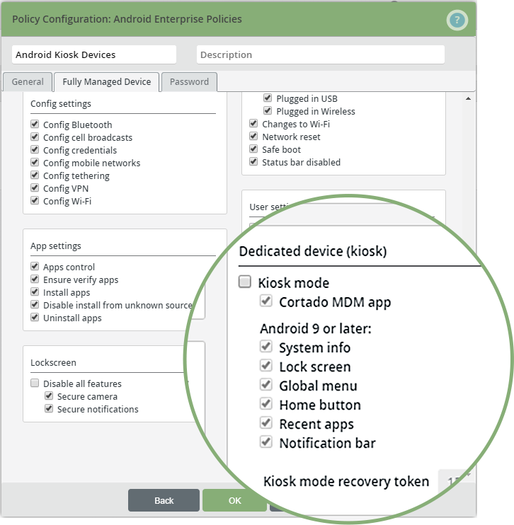 Policy-Konfiguration für Android: Optionen für den Betrieb im Kiosk-Modus