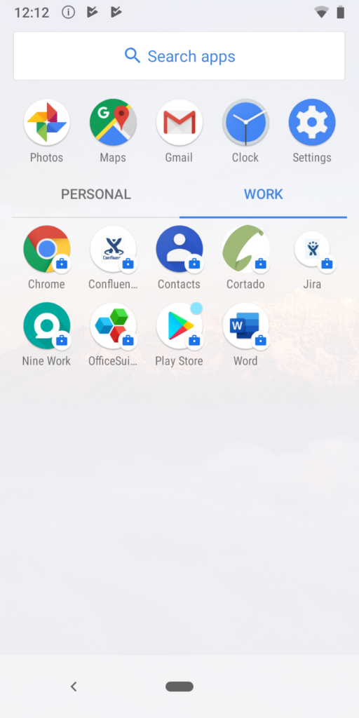 Image depicting the Android work profile on a smartphone. It is easy to distinguish between work or personal apps, because work apps are labelled with a blue suitcase.
