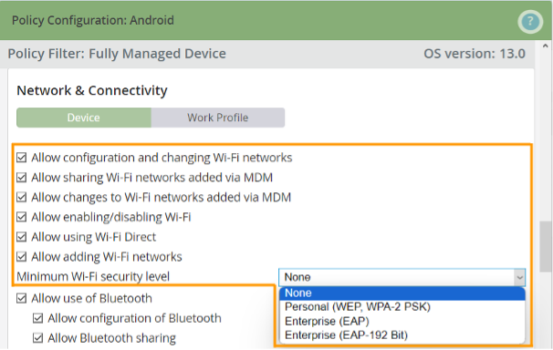 New Security Policies for Configuring Wi-Fi Networks on Android 13 Devices.