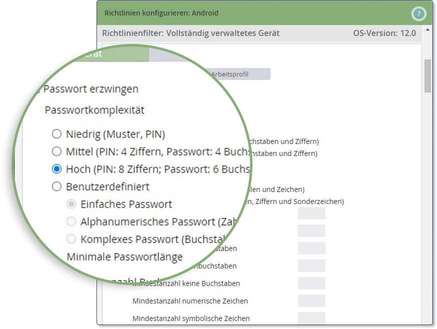 Bucket-basierte Passwortrichtlinien in der Cortado MDM Admin Portal