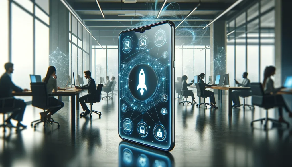 Modernes Büro mit transparentem Smartphone im Vordergrund, das eine App mit Raketen-Icon zeigt, umgeben von dynamischen, leuchtenden Linien und Netzwerkverbindungen, mit mehreren Personen, die im Hintergrund an Computern arbeiten.