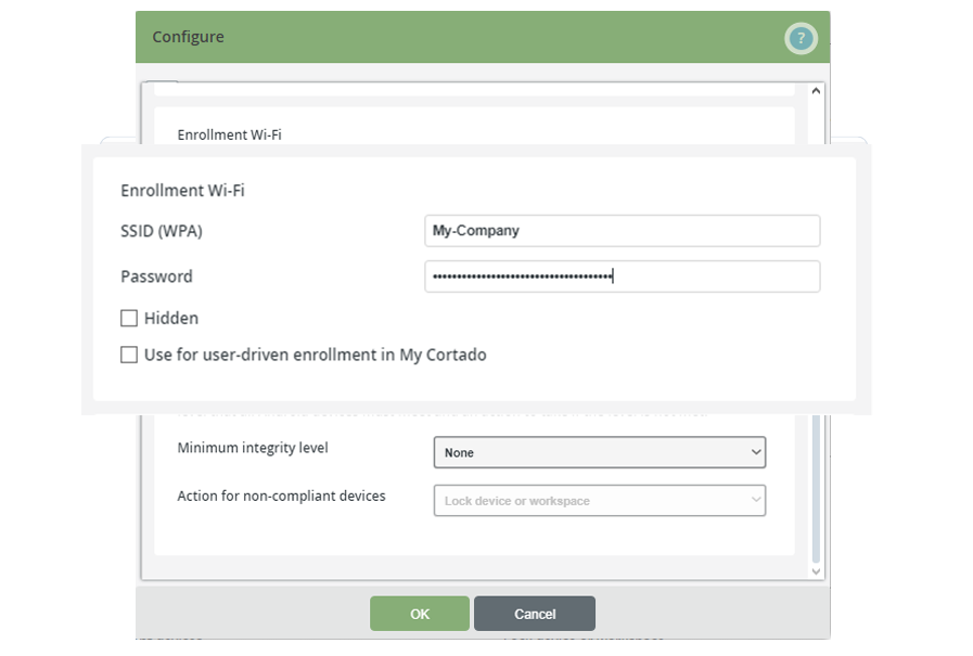 Previously, users had to enter the Wi-Fi access data themselves when registering their fully managed devices for the first time. This step is no longer necessary if you store the data in the Cortado management portal in the Android Enterprise settings.
